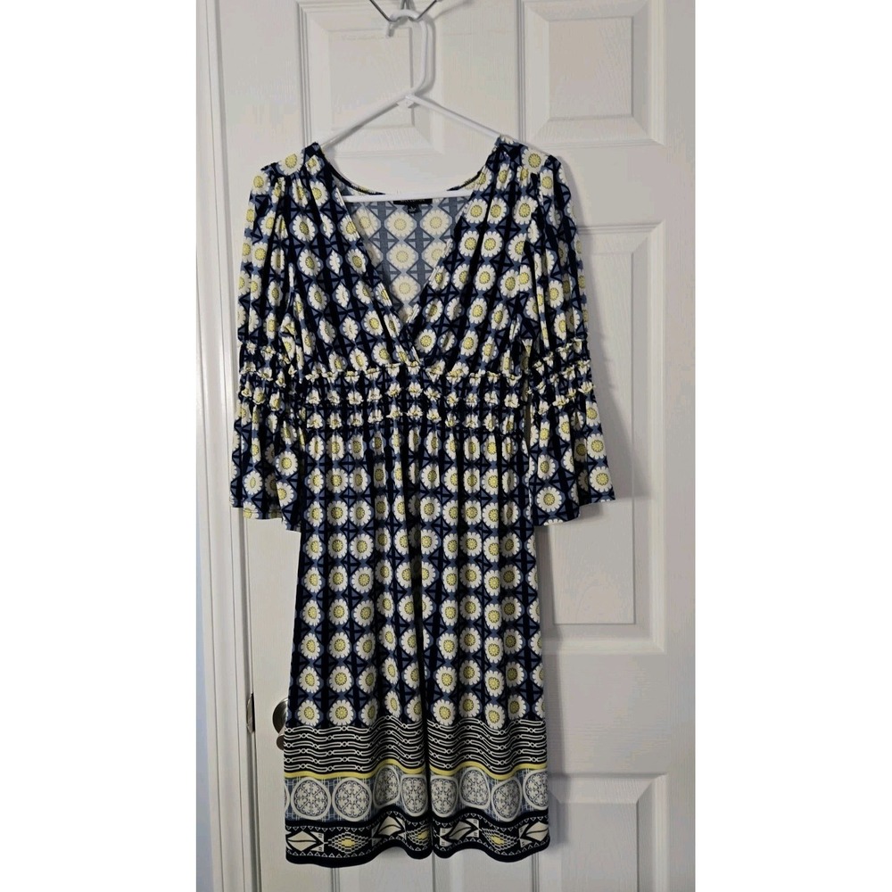 Max Edition Fit & Flair Dress 3/4 Sleeves Size Large Navy Blue Print Stretch